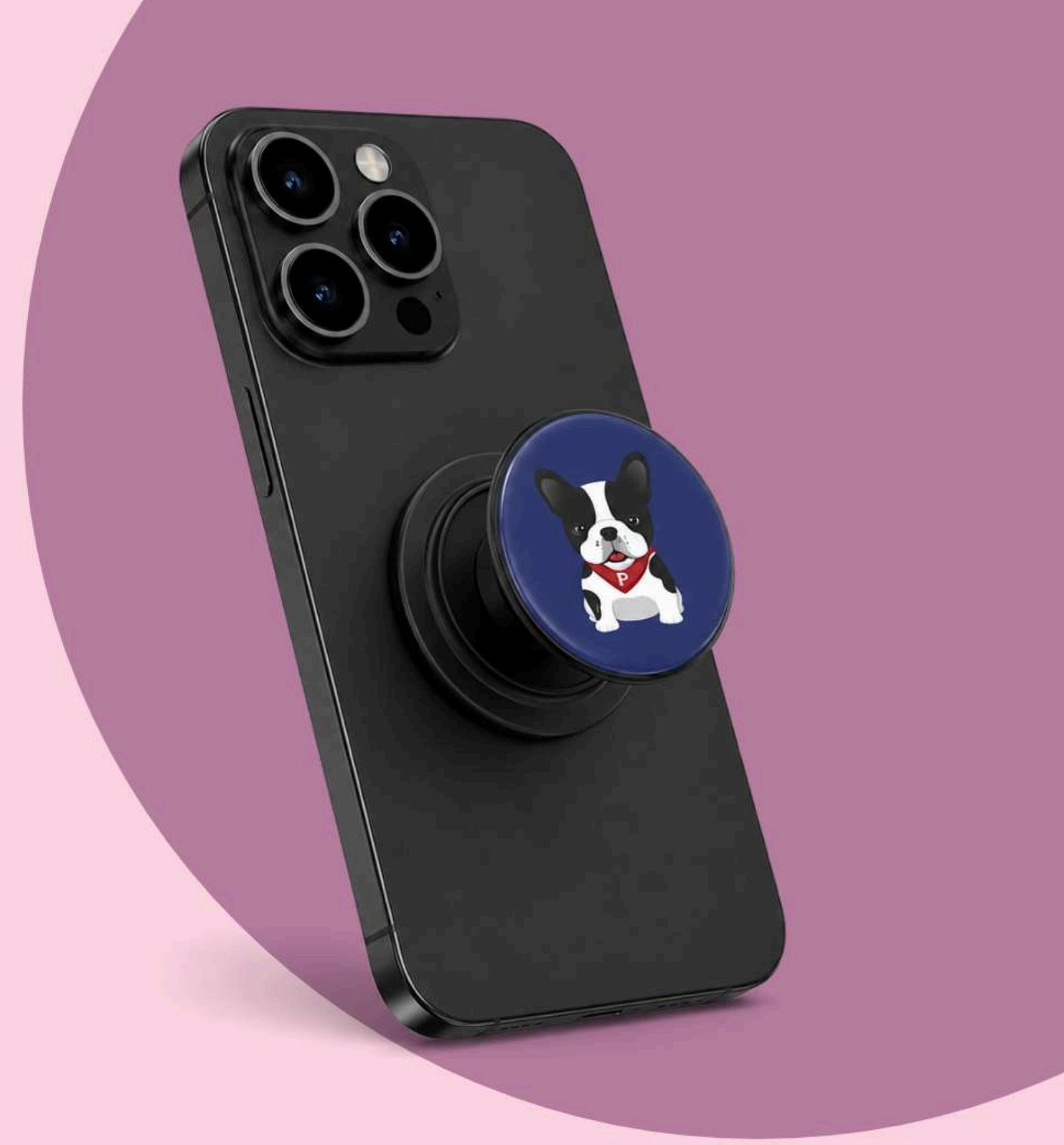 Black smartphone with a pug-print Grabbit MagSafe grip attached to the back