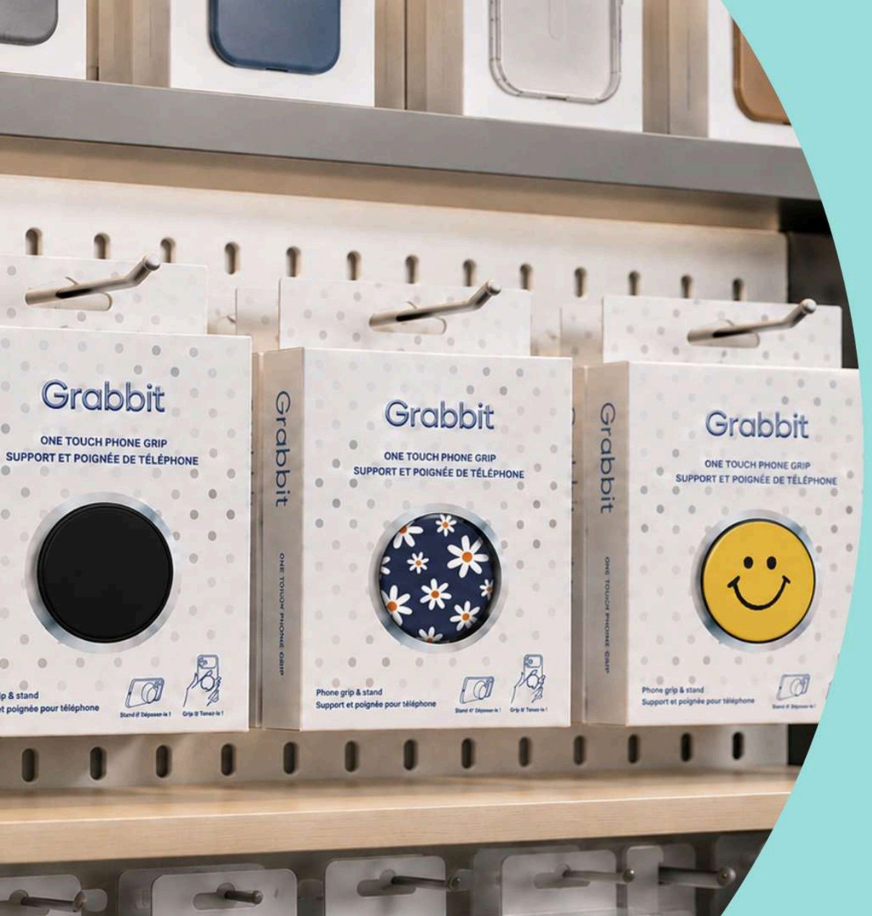 Grabbit phone grips merchandised on a retail peg display